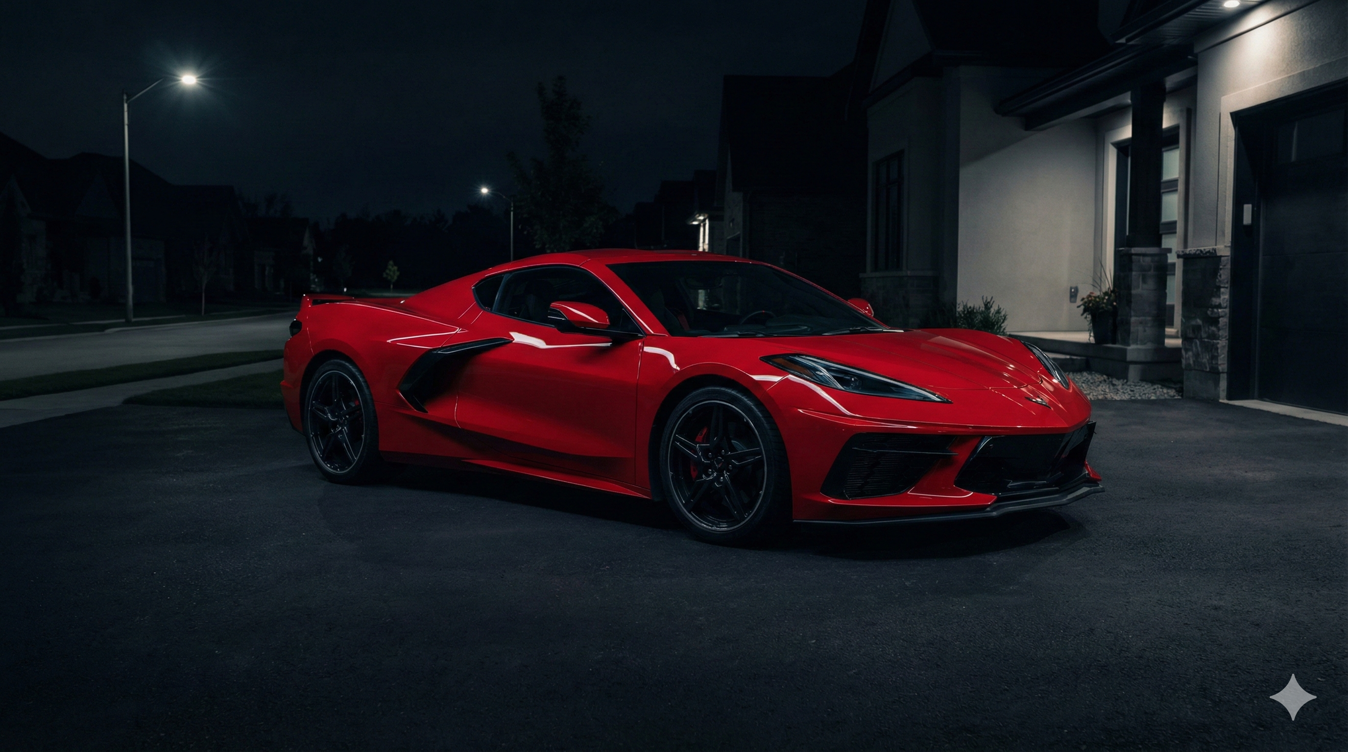 Red Chevrolet Corvette C8 at night